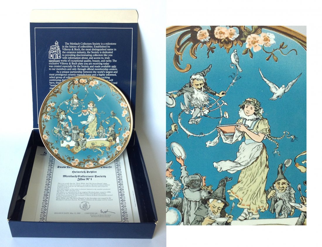 Mettlach Ceramic Plate Of Snow White: Box is 12" square, within is a plate commemorating Snow White and the 7 dwarfs. Shipping: We are able to pack and ship this item to an address in the United States for $40.00 via USPS Priority Mail or