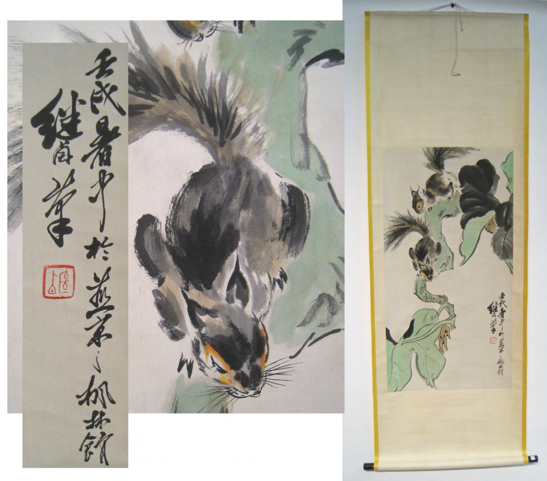 Chinese Scroll: Squirrels: Two squirrels gingerly step out on a limb for food. 20 1/4" X 38 1/2" Shipping: We are able to pack and ship this item to an address in the United States for $25.00 via USPS Priority Mail. Tracking in