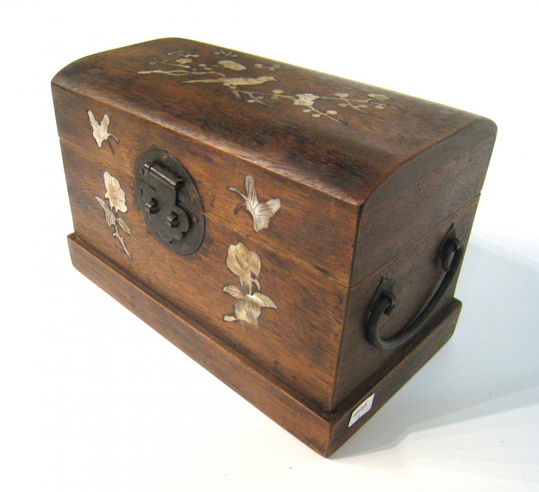 Chinese Huanghuali Jewelry Box: With mother of pearl inlay. 8 1/4" X 5 1/4" Shipping: We are able to pack and ship this item to an address in the United States for $40.00 via USPS Priority Mail or via FedEx Ground/Home Delivery. Tra