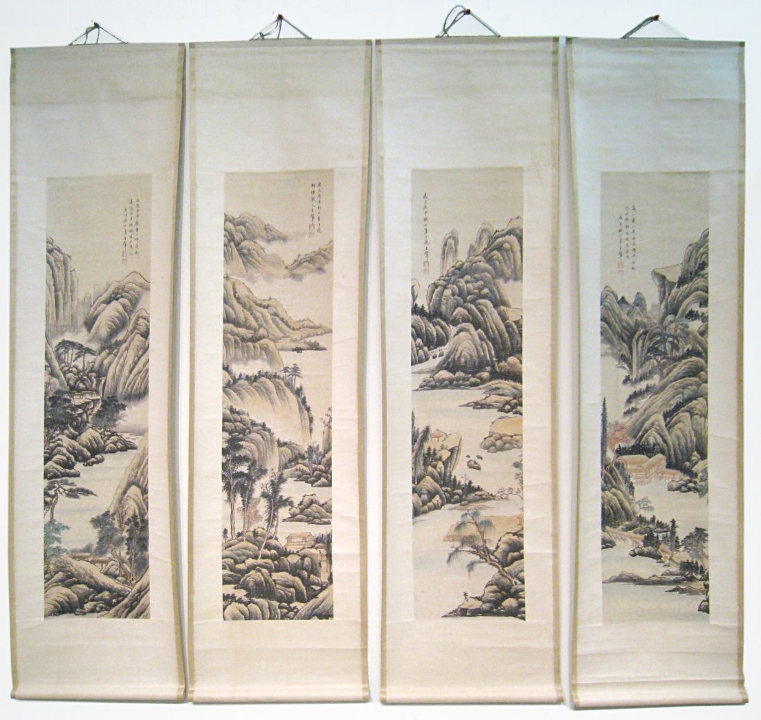 Four Chinese Scrolls Signed Wang: Painting 50" x 12". 20 1/2" wide Shipping: We are able to pack and ship this item to an address in the United States for $55.00 via USPS Priority Mail or via FedEx Ground/Home Delivery. Tracking infor