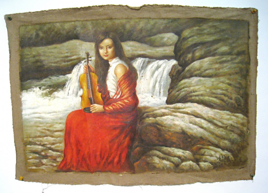 Chinese Painting: Oil on canvas without stretchers, a lady with a violin poses in front of a waterfall, 35 1/2" X 24". This item can be rolled for easy and economical shipping. Shipping: We are able to pack and ship th
