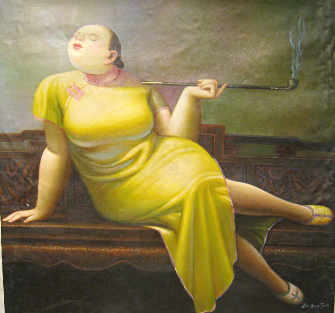 Chinese Painting: An oil on canvas without stretchers, of a couched woman in a yellow dress luxuriously smoking, 33" X 32". This item can be rolled for easy and economical shipping. Shipping: We are able to pack and sh