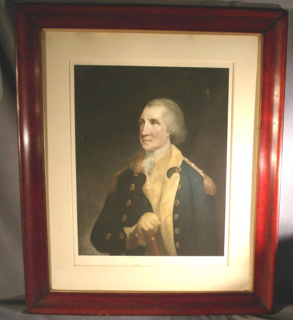 George Washington Print: A 27" X 22 1/2" print of a young George Washington in military regalia, after Robert Edge Pine. Discoloration is apparently the reverse side of the glass from the frame and mask, but not removed from 