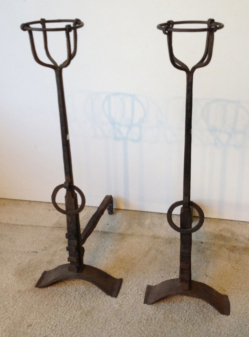 Set Hand Forged Andirons: Late 18th or early 19th century hand forge andirons. About 36" tall. Shipping: We are unable to ship this item. Please contact our local UPS Store, store1152@theupsstore.com, or the Packaging Store, h