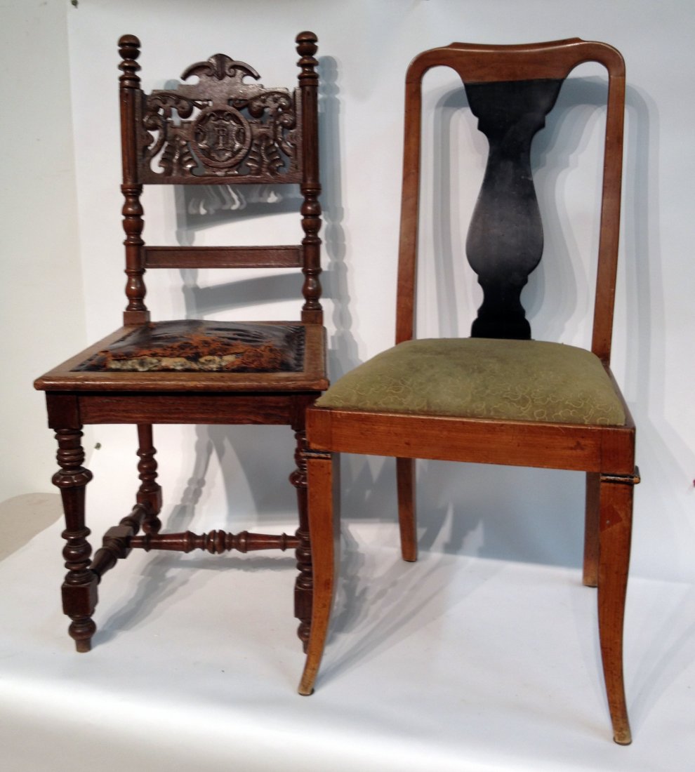 Austrian Biedermeier Two Chairs: One in the Austrian Biedermeier style with inset seat; the other in the Victorian style with a leather seat (damaged). Shipping: We are unable to ship this item. Please contact our local UPS Store, st