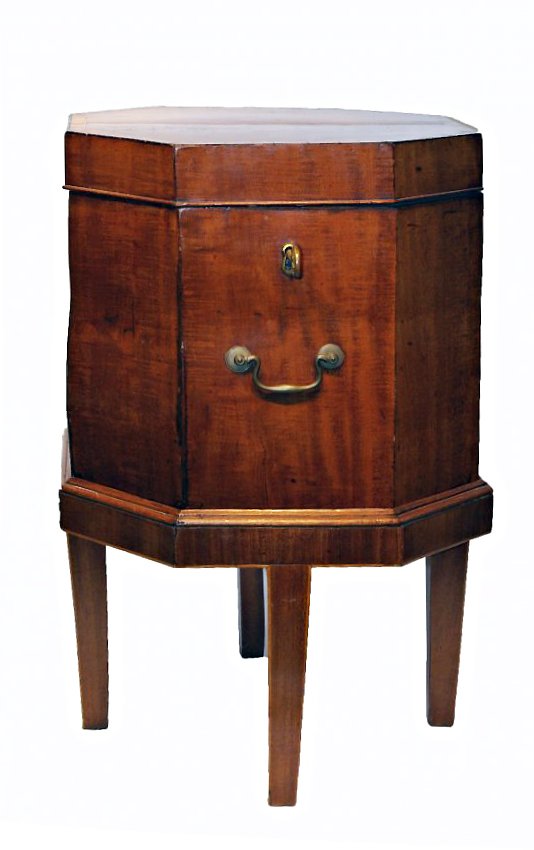 Mahogany Cellarette: An octagonal shaped cellarette with a mahogany stand and taper legs. Features cross banding and line inlay, Shipping: We are unable to ship this item. Please contact our local UPS Store, store1152@the