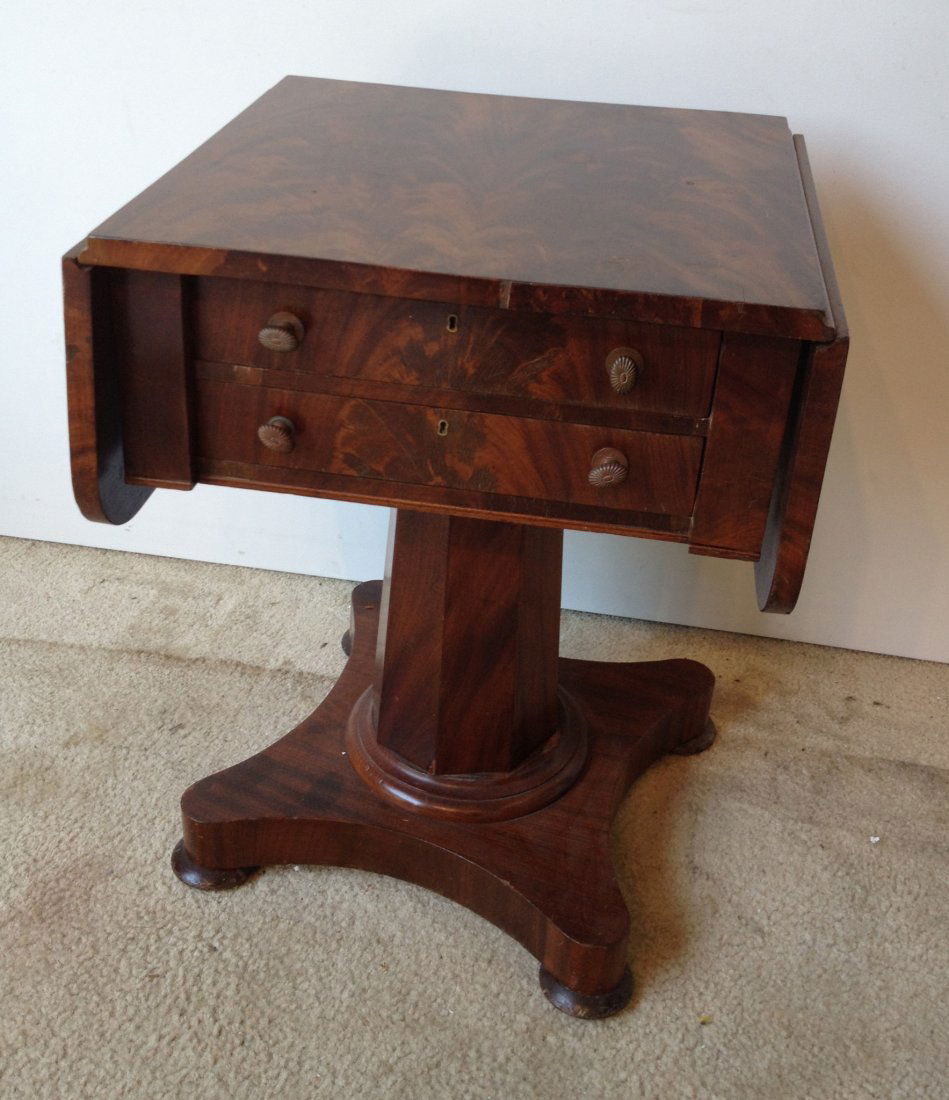 End Table: A mahogany 19th century end table with a drop leaf top and two drawers. Possibly Philadelphia, 27 1/2" X 18" X 22" Shipping: We are unable to ship this item. Please contact our local UPS Store, store1
