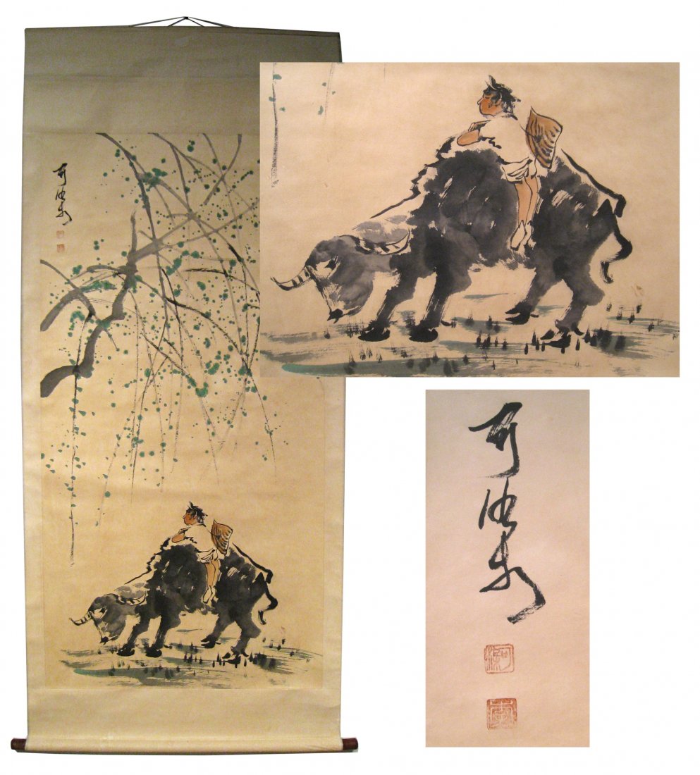 Large Scroll Signed Li Keran: Watercolor painting with rural scenery, signed Li Keran. (1907-1989) a renowned contemporary Chinese painter and art educator. most prominent in 20 century Chinese art, having developed a person style