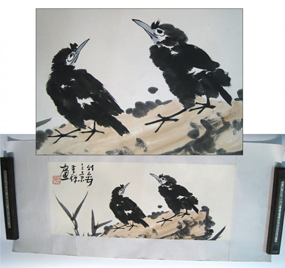 Two Back Birds By Li Kuchan: Watercolor painting, signed Li Kuchan. Li Kuchan (1899-1983) is a great master of the traditional Chinese free form painting. 37 1/2" X 16" Shipping: We are able to pack and ship this item to an addre