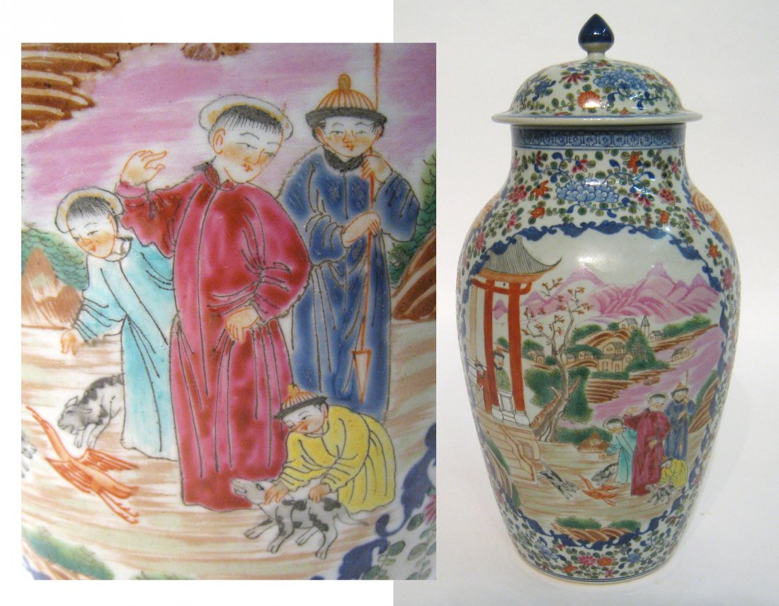 Oustanding Famille Rose Lidded Jar: 18th or 19th century, in Famille rose, decorated with Chinese figure and flower pattern. 14 1/2" in height Shipping: We are able to pack and ship this item to an address in the United States for $50.0