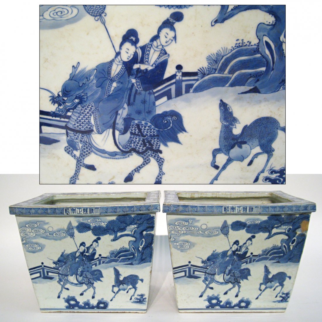 18th C. Pair Of Blue & White Planters: Blue and white flower pot, decorated with Chinese opera folklore. Qing Yongzheng mark on rim. 12 3/4" X 10 1/4" X 10 1/2" Shipping: We are unable to ship this item. Please contact our local UPS Store,
