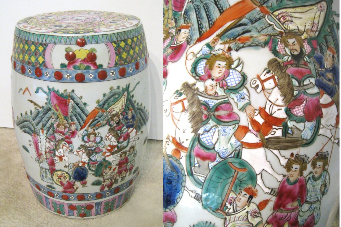 19th C. Famille Rose Garden Stool: Canton famille rose stool, decorated with Chinese war story. 19" tall. Shipping: We are unable to ship this item. Please contact our local UPS Store, store1152@theupsstore.com, or the Packaging Store,
