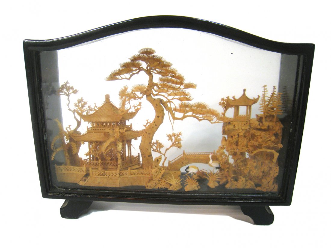 Chinese Boxwood Carving.: Intricately carved boxwood outdoor scene carved under glass. Shipping: We are able to pack and ship this item to an address in the United States for $50.00 via USPS Priority Mail or via FedEx Ground/H