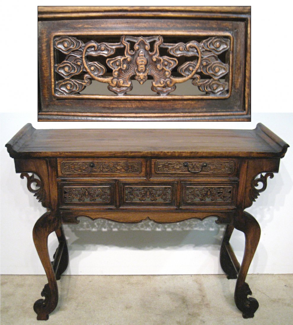 Carved Huanghuali Table With Drawers: Carved Huanghuali wood table five drawers, decorated with bats pattern and bronze handle. Later 19 c to early 20 c. These came to us through the consignor as very dirty and well-used, although apparen