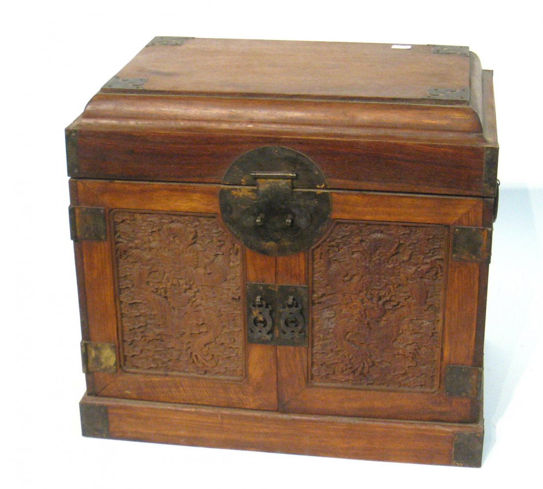 Chinese Huanghuali Chest: A chest, 12 1/2" X 13 1/2" X 9", opening at the top Shipping: We are able to pack and ship this item to an address in the United States for $50.00 via USPS Priority Mail or via FedEx Ground/Home Deliv