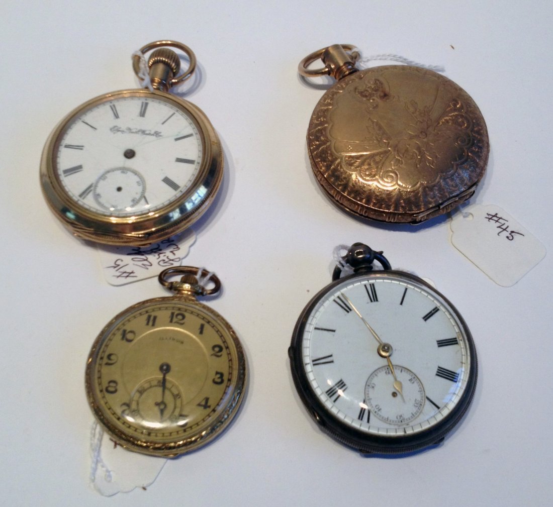 Four Pocket Watches: A open faced swing out English Sterling watch with a fusee movement; The Philadelphia Watch Co., a gold filled watch lacking balance wheel and crown; a gold filled Elgin also without essential parts t