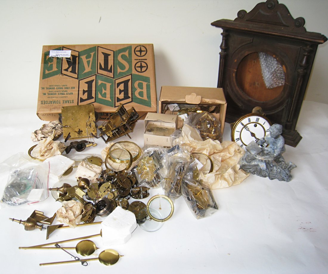 Assorted Clock Parts: Including an apparently complete R-A type clock movement (the case- pictured- has gone missing and is not part of the lot)t, as well as other assorted clock parts and case components. Shipping: We are