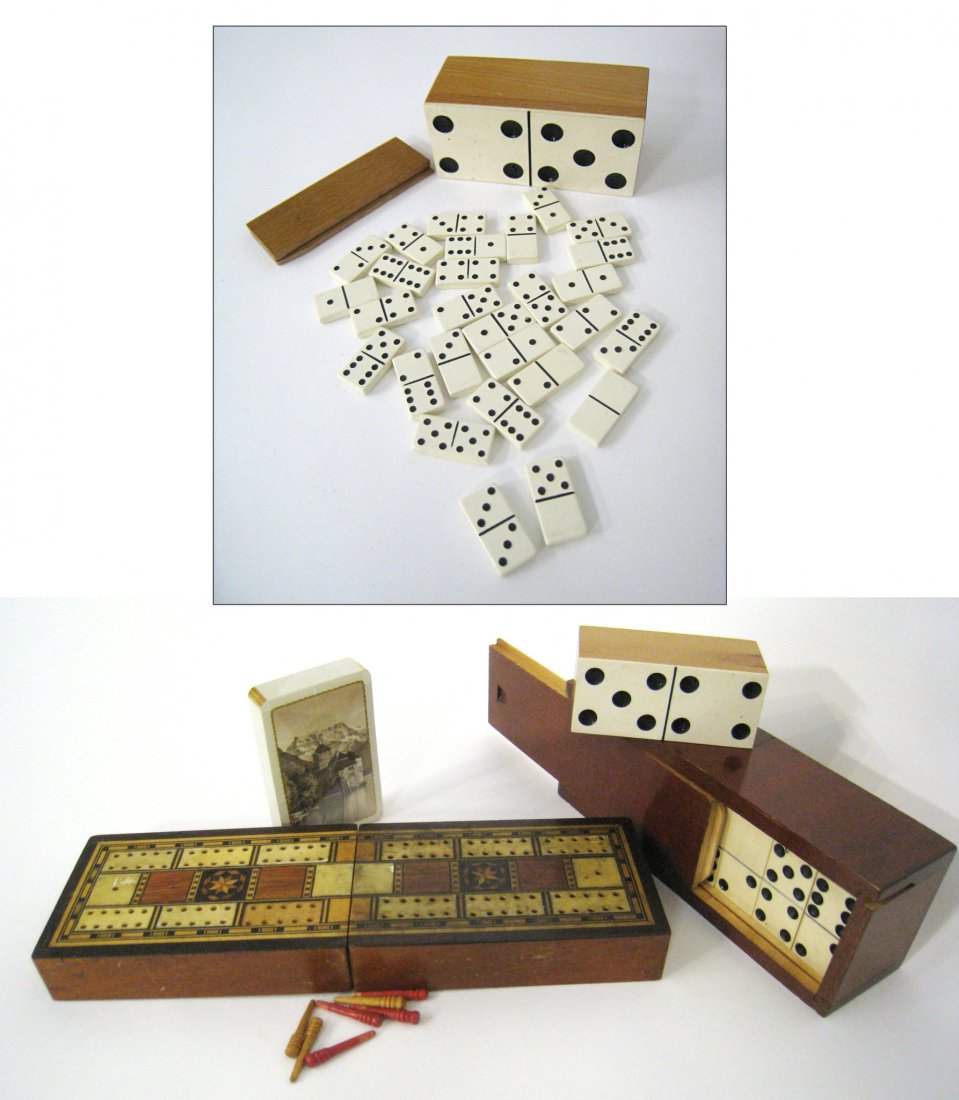 Gaming Items: All in fitted boxes, a cribbage board, a domino set, and dice. Shipping: We are able to pack and ship this item to an address in the United States for $40.00 via USPS Priority Mail or via FedEx Ground