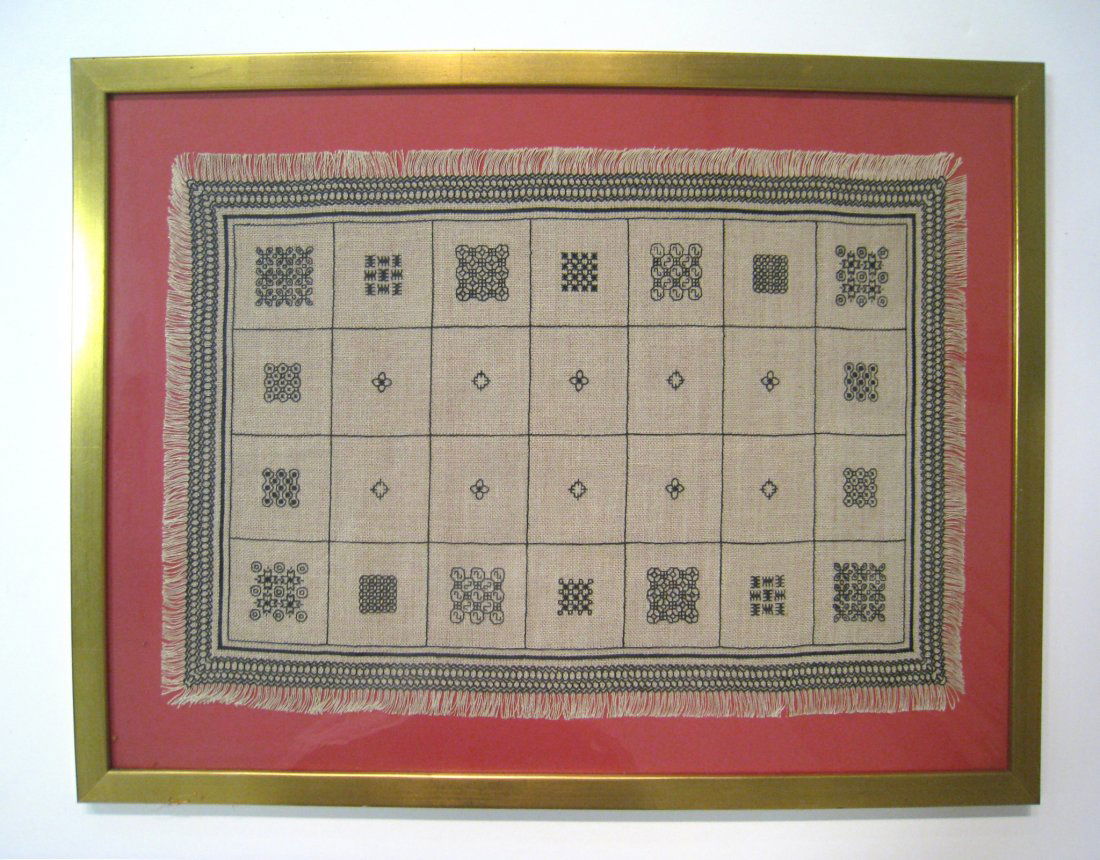 Stitchwork, Framed Table Cover: With label verso, stating it to be "Elizabethan Stitches" by a "F. Shaw " of "Arbroath". Sight is 16" X 22". Shipping: We are unable to ship this item. Please contact our local UPS Store, store1152@th