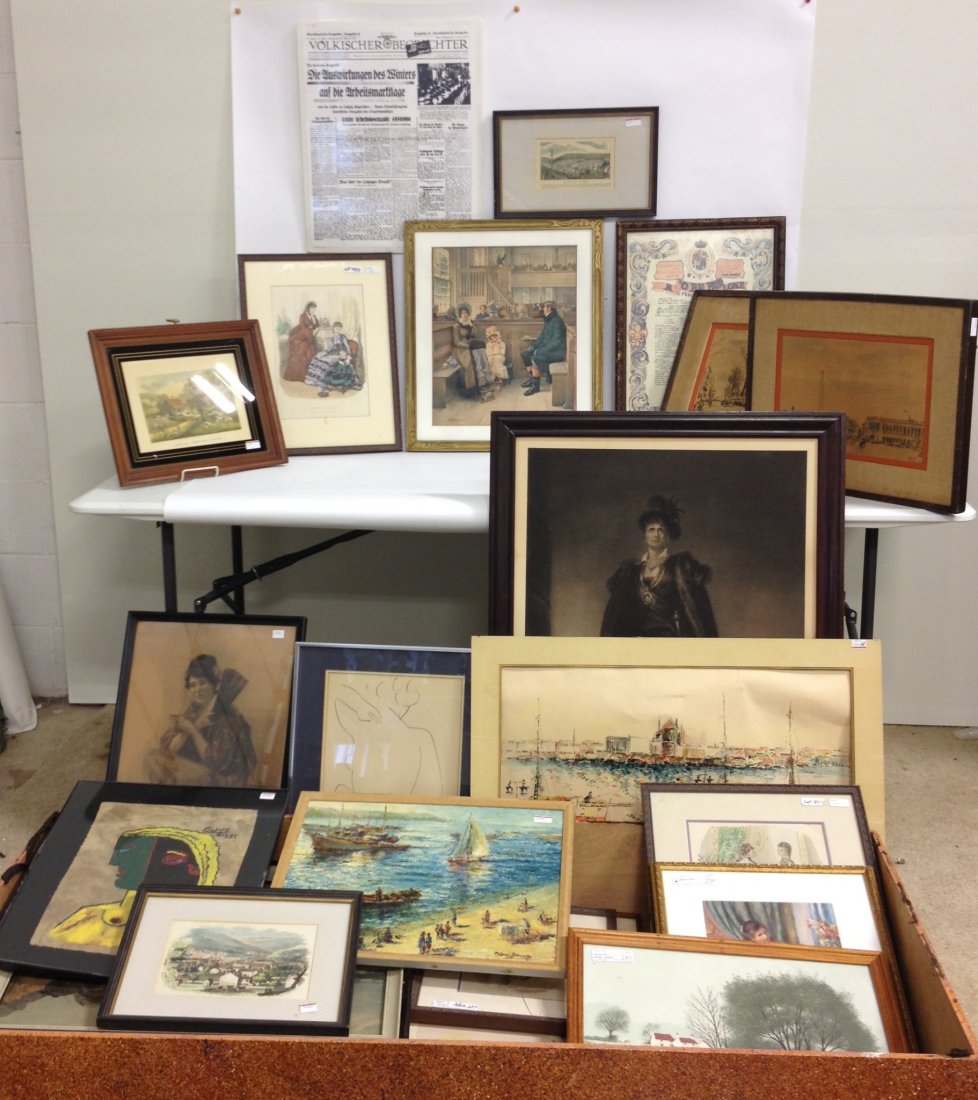 Large Assortment Of Art Works: A number of framed (some unframed) art works of various kinds, including oil paintings, antique prints, engravings, et. Includes drawing signed "H Matisse." Box not included. Shipping: We are unable t