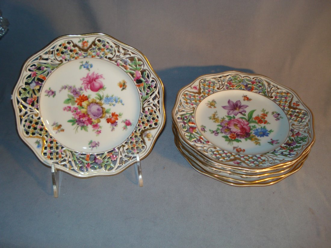 Dresden- Schumann - Bavarian Fruit Plates: Six 8 1/2" dessert or fruit plate in porcelain with a spray of flowers showing the same flowers in different stages of bloom. Shipping: We are able to pack and ship this item to an address in the Unit
