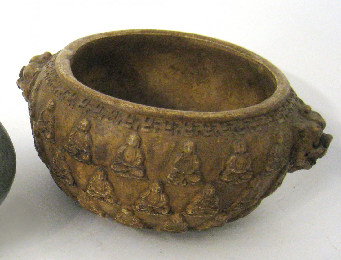 Chinese Soapstone Buddha Censer: With Buddha images, and 6" across. Shipping: We are able to pack and ship this item to an address in the United States for $30.00 via USPS Priority Mail. Tracking information will be sent to your emai