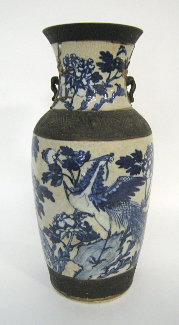 Stone Ware\ Porcelain Satsuma Vase: An unusual 19th century vase with crackleature white glazed base color and dark blue Phoenix bird amidst flowers. Three unglazed bands encircle the vase top, bottom and mid section, and a hand inscrib