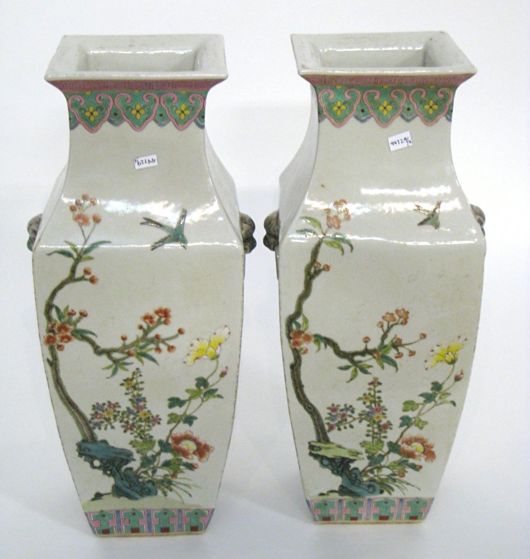Two Matching Chinese Vases: Two 16 1/2 X 6 1/2" four sided garniture vases with birds and flowers with distinct coloration against a white background. Shipping: We are unable to ship this item. Please contact our local UPS Store