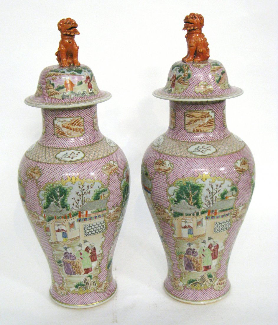 Garniture Chinese Export Vases: A pair, each 26" tall, has reserves with landscapes surrounded by a repeating trestle design. Lidded, with Foo dog finials. . Shipping: We are unable to ship this item. Please contact our local UPS St
