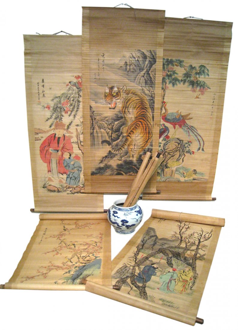 Eight Chinese Watercolor Scrolls: Eight full size Chinese scrolls, including a fierce tiger, a peacock, a bamboo forest with a family of three, a springtime scene with an ox and wise man, a blossoming tree with colorful birds, wise me
