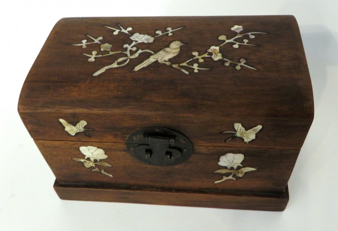 Chinese Nacre Inlay Jewelry Box: About 8 1/4" X 5 1/4" Shipping: We are able to pack and ship this item to an address in the United States for $40.00 via USPS Priority Mail or via FedEx Ground/Home Delivery. Tracking information will