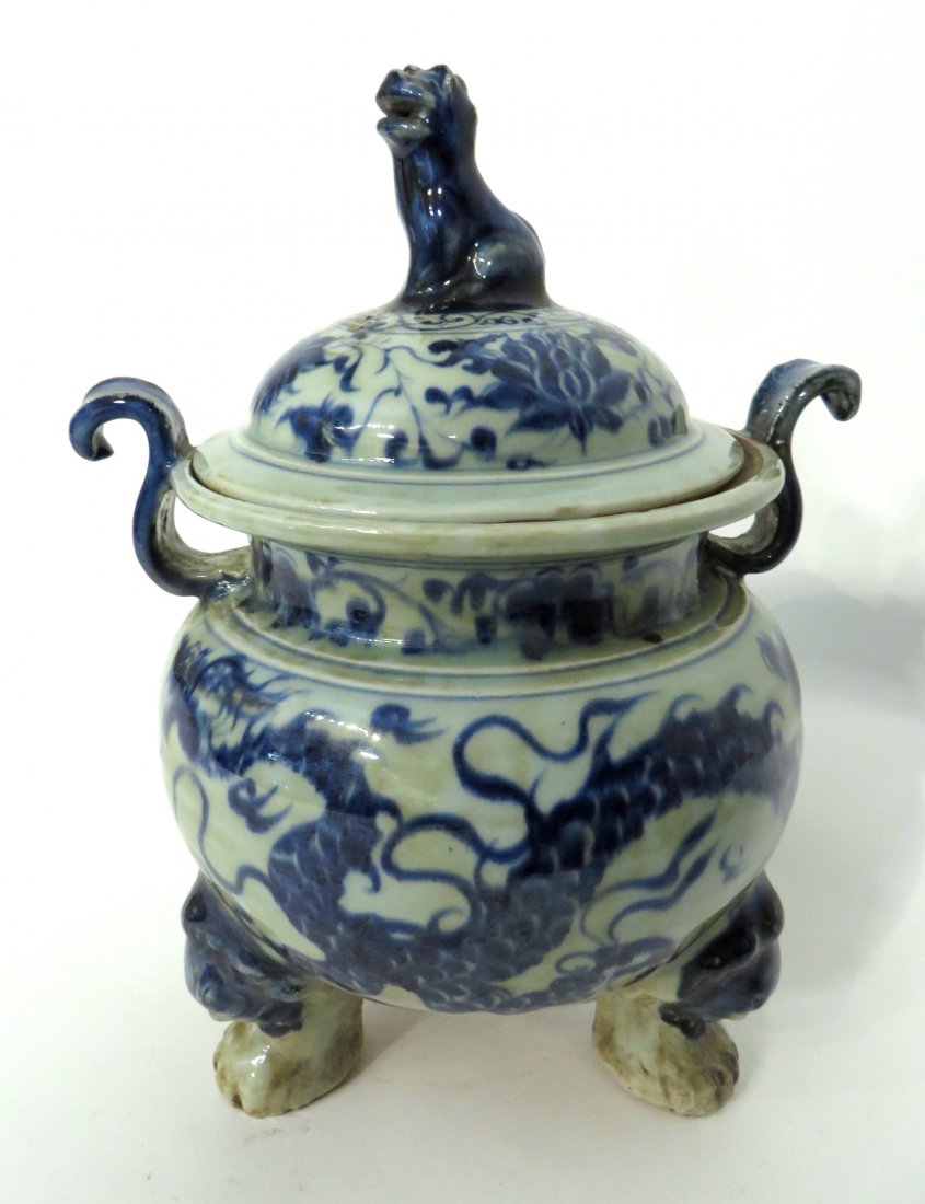 Chinese Blue & White Lidded Censer: 10 3/4" tall Shipping: We are able to pack and ship this item to an address in the United States for $40.00 via USPS Priority Mail or via FedEx Ground/Home Delivery. Tracking information will be sent
