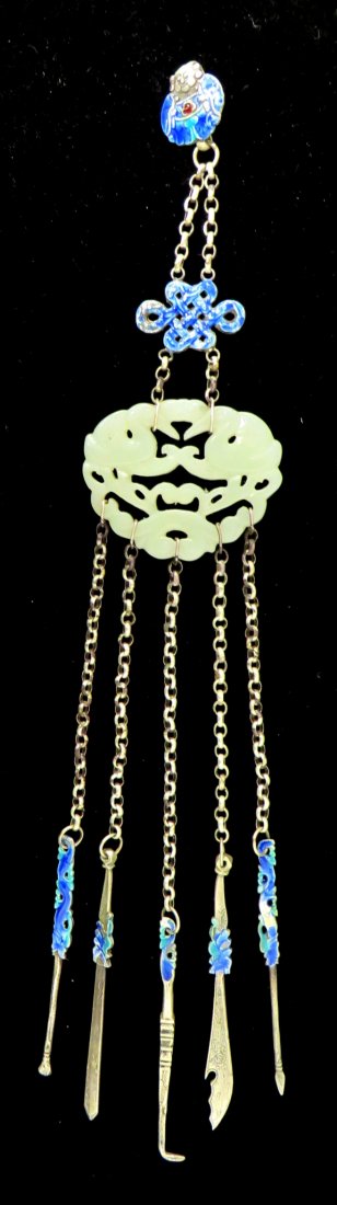 A 19c Jade, Silver And Enamel Pendant: The chains connecting enamel and silver utensils, like a European chatelaine. 62 grams. Shipping: We are able to pack and ship this item to an address in the United States for $25.00 via USPS Priority