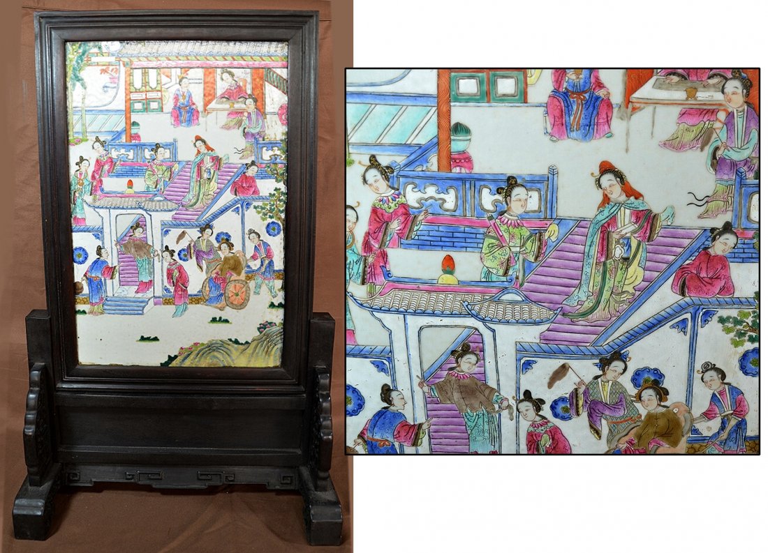 Chinese Zitan Table Screen With Mounted Porcelain: Carved table screen of Zitan wood enclosing a porcelain panel in Famille Rose colors, 19th C. 28" tall. Shipping: We are unable to ship this item. Please contact our local UPS Store, store1152@theupss