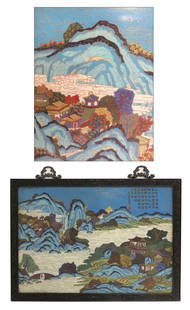 Large & Fine Chinese Zitan & Cloisonné Plaque: 18Th C. Cloisonné Plaque featuring a landscape view and a Qianlong Poem, upper right. Especially finely carved frame in Zitan wood. 28" X 20" Shipping: We are unable to ship this item. Please contact