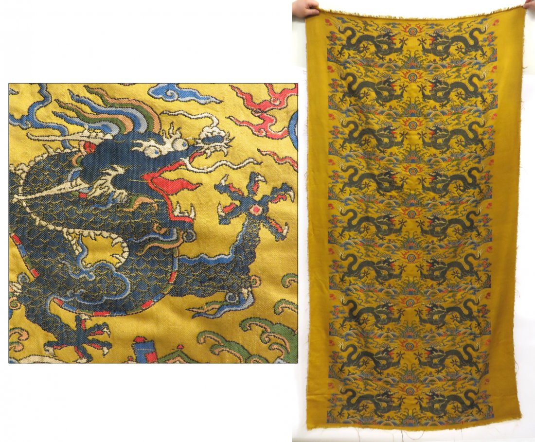 Chinese Imperial Embroidery: Eighteenth century embroidery in Imperial yellow silk, with eighteen five-clawed dragons striding in profile toward each other surrounded by clouds and addressing flaming pearls. 80" X 41" Shipping: W