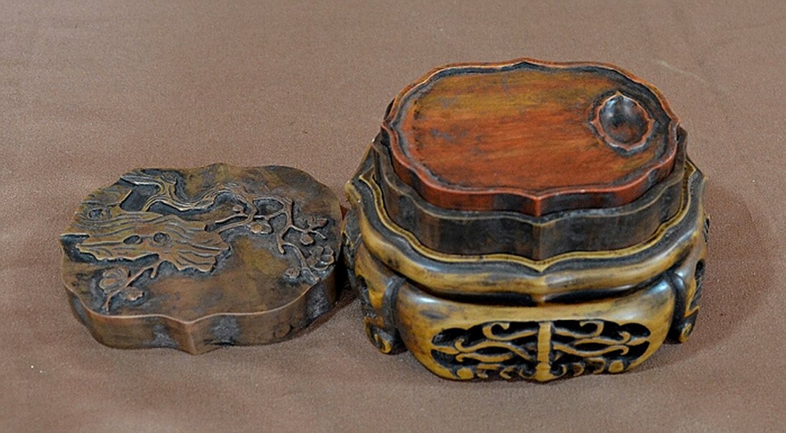 Duan Inkstone With Box & Stand: Of high quality including the reddish toned stone, lidded container and stand. 3" X 4 3/4" X 4". Shipping: We are able to pack and ship this item to an address in the United States for $40.00 via USPS