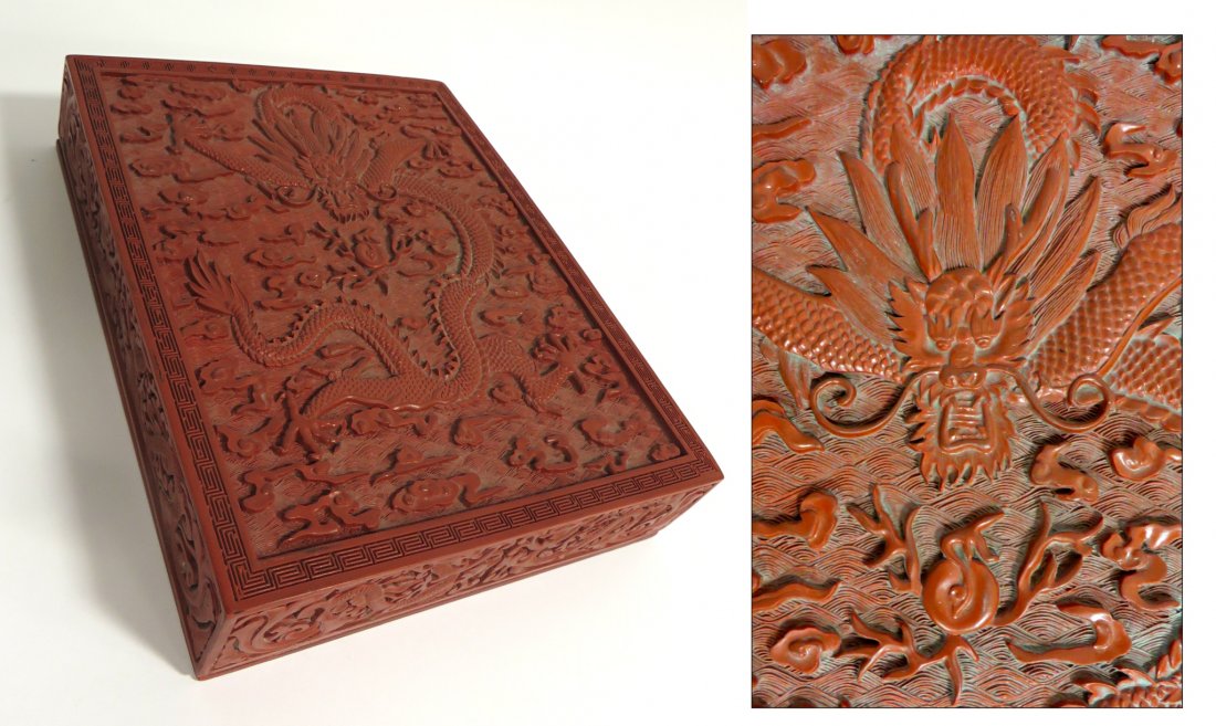 Chinese Cinnabar Box: Eighteenth century cinnabar lacquer box, with an impressive dragon addressing the top and a Qianlong mark on base. 12 1/2" X 10" X 2 1/2" Shipping: We are able to pack and ship this item to an address