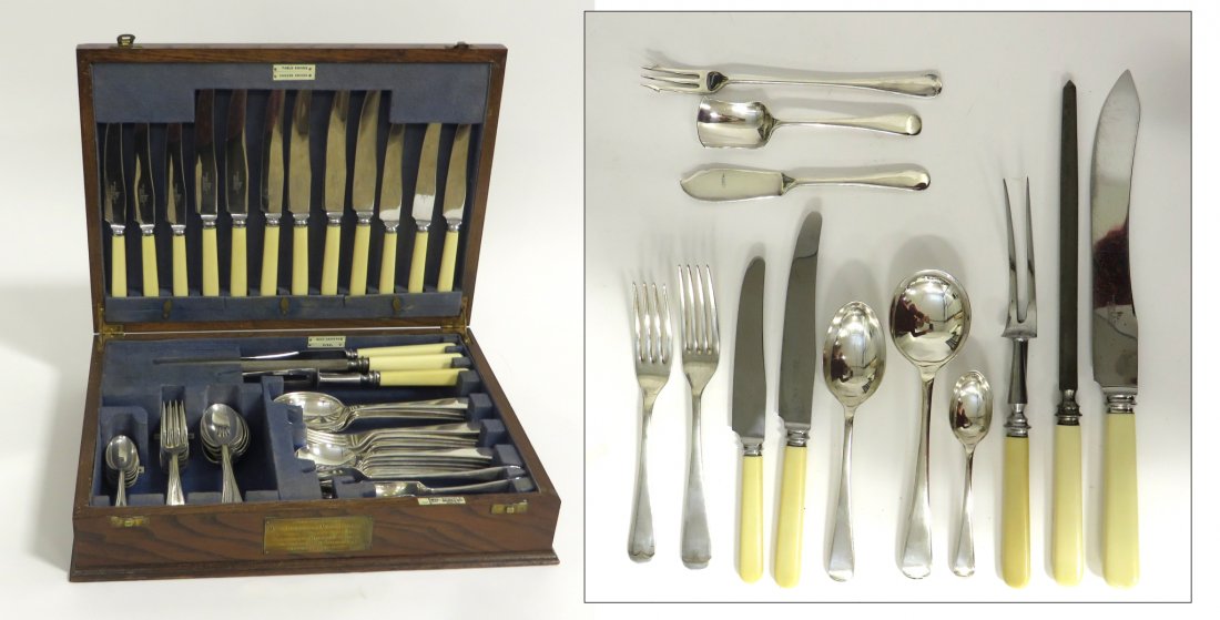 Walker & Hall of Sheffield Silver Service For Six: A boxed presentation silver plate silver service for six consisting of over fifty individual items including place settings, carving utensils, serving utensils etc, all within a custom felt lined box.