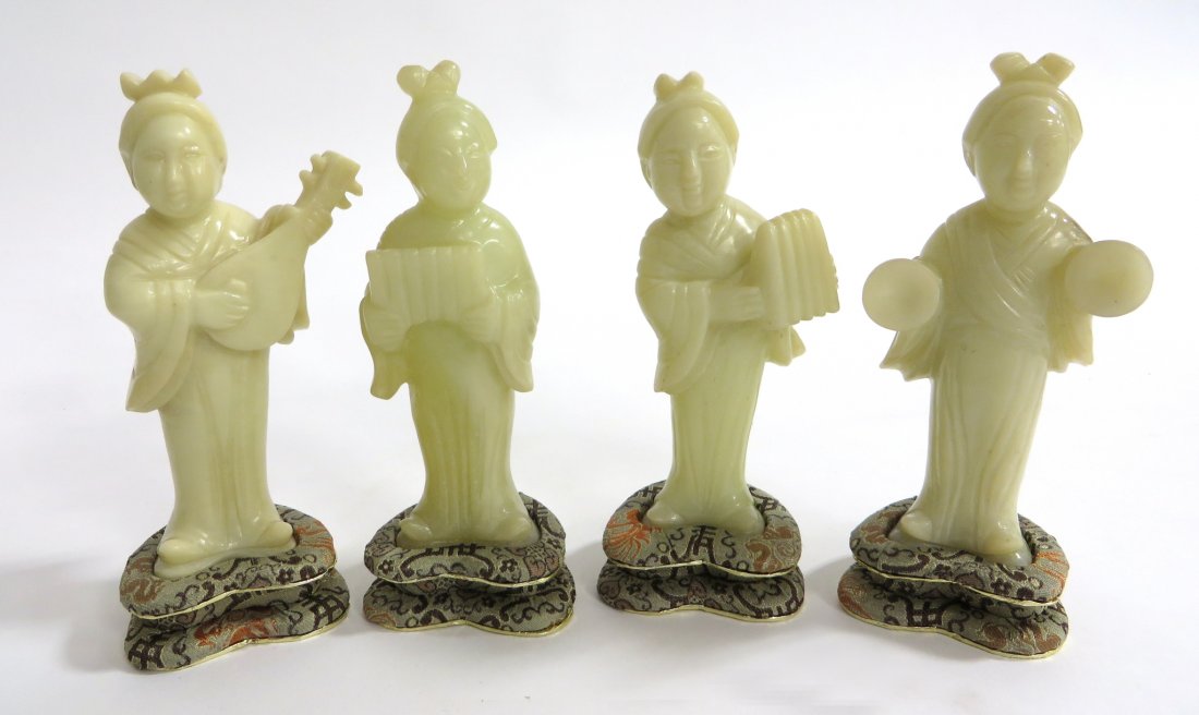 Jade Musicians.: Four in all, complete with stands and original box. 1950's. about 4 3/4" tall each Shipping: We are able to pack and ship this item to an address in the United States for $40.00 via USPS Priority Mail