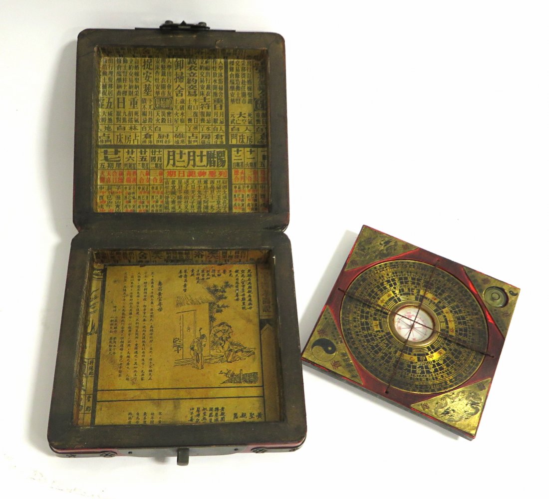 Chinese Compass: A red lacquer boxed travel compass and sundial. Shipping: We are able to pack and ship this item to an address in the United States for $30.00 via USPS Priority Mail. Tracking information will be sent