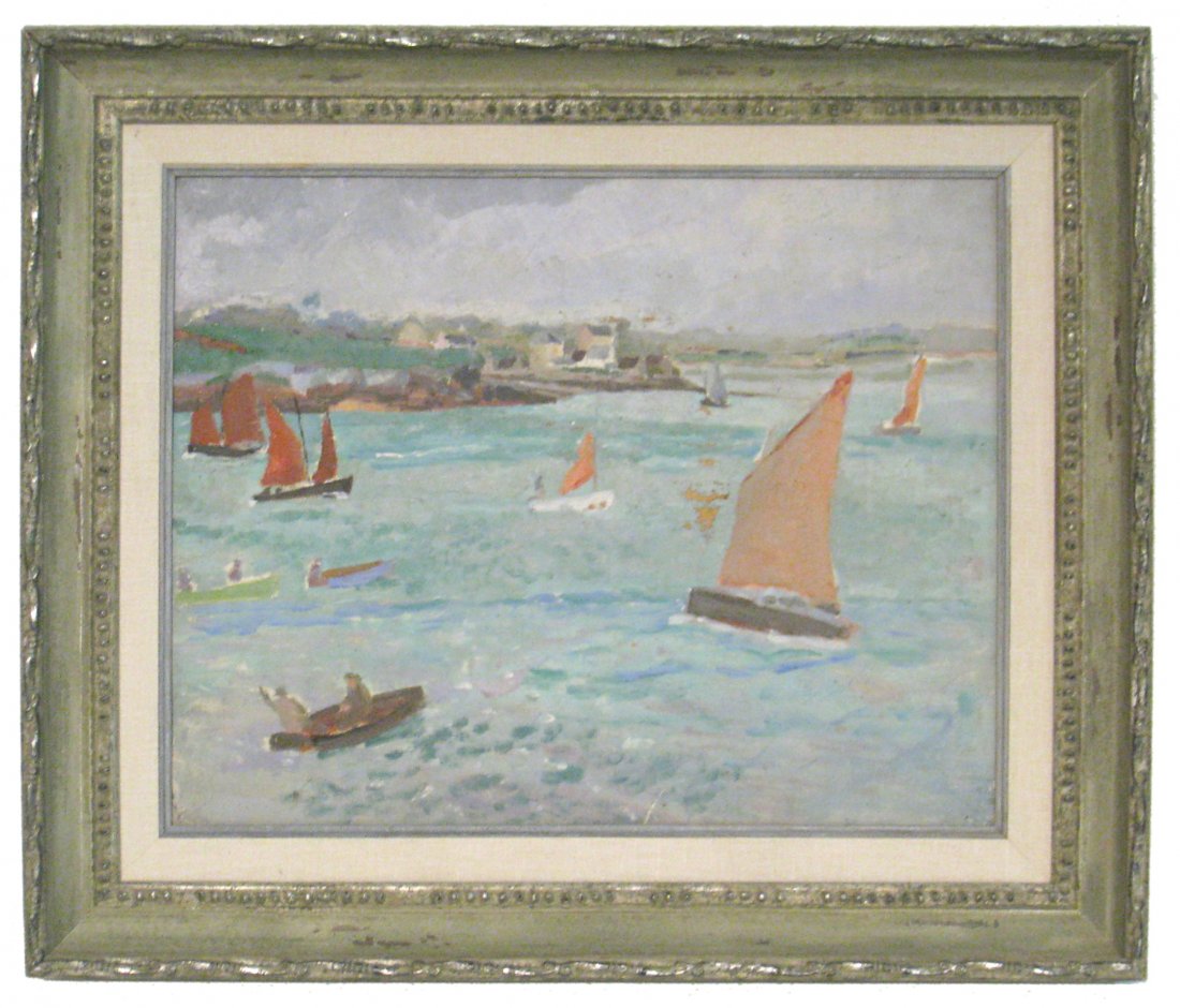 Sailboats Near Long Island By Elisha Wetherill: An oil on board attributed to Philadelphia born artist Elisha Kent Kane Wetherill (1874-1929) of sailboats by the shore. Wetherill led the impressionist movement in the United States, studying under T