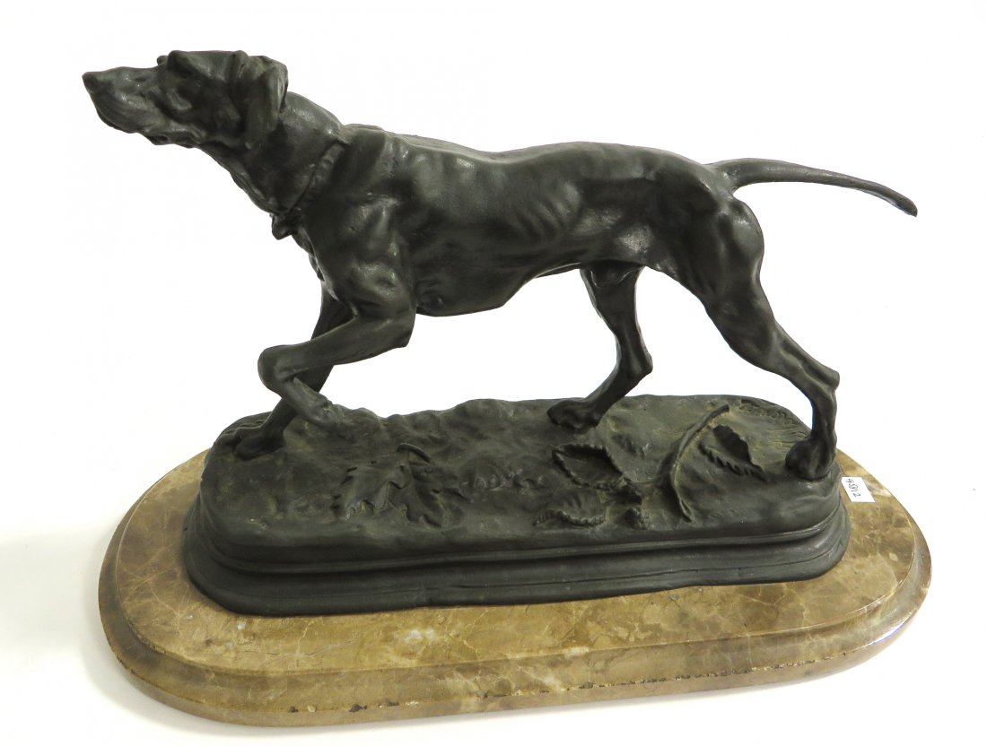 Bronze By Jules Moigniez: Signed on the base "J. Moigniez" (French, 1835-1894) and mounted onto a marble base of brown marble showing a single pointer dog , the casting being 8" X 11 1/2" . Shipping: We are able to pack and sh