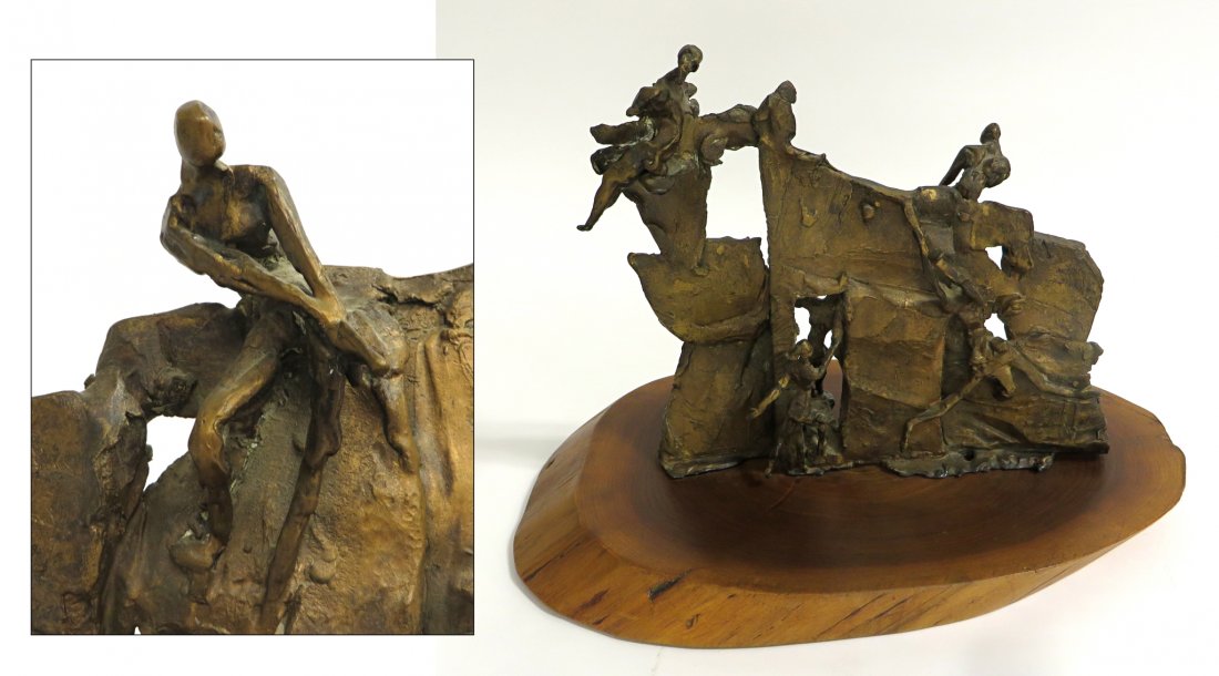 Brutalist Sculpture, V. Redmond: A cast metal sculpture mounted on a naturalistic cut wood base attributed to Vera Redmond.Measures a height of 13 1/2" with the base. The base is a slice of tree trunk, oval in shape and 19" long. Shi