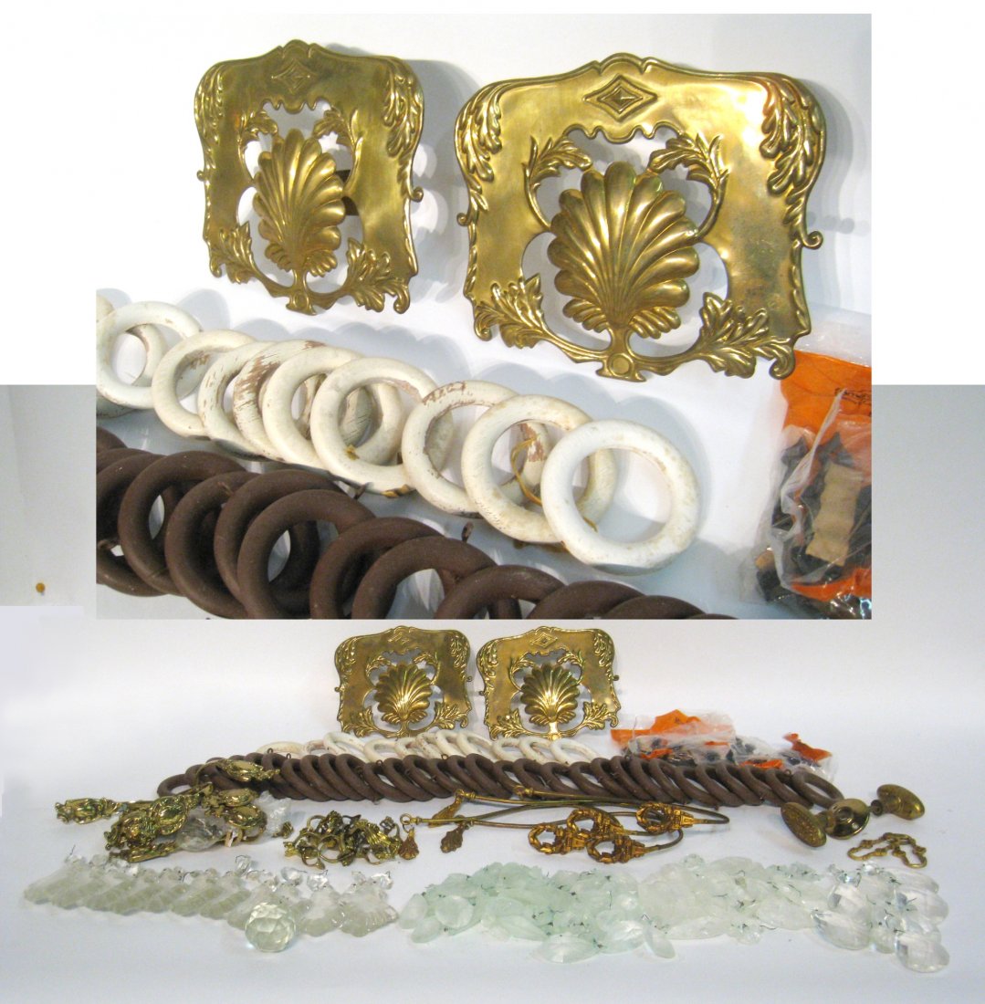 Miscellaneous Hardware: A box with miscellaneous household hardware items including curtain clips, tiebacks, curtain rings cut glass dangles, etc. Shipping: We are able to pack and ship this item to an address in the United 