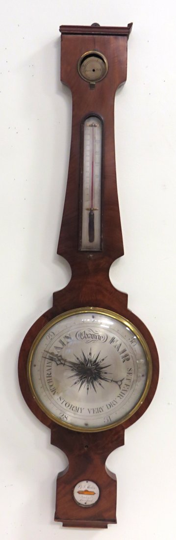 Banjo Barometer: An early 19th century mahogany banjo form barometer. by "P & J. Mackey" of Sternley St, Liverpool. This in poor condition as photos show, although the glass Mercury tube in the back survives. Shipping