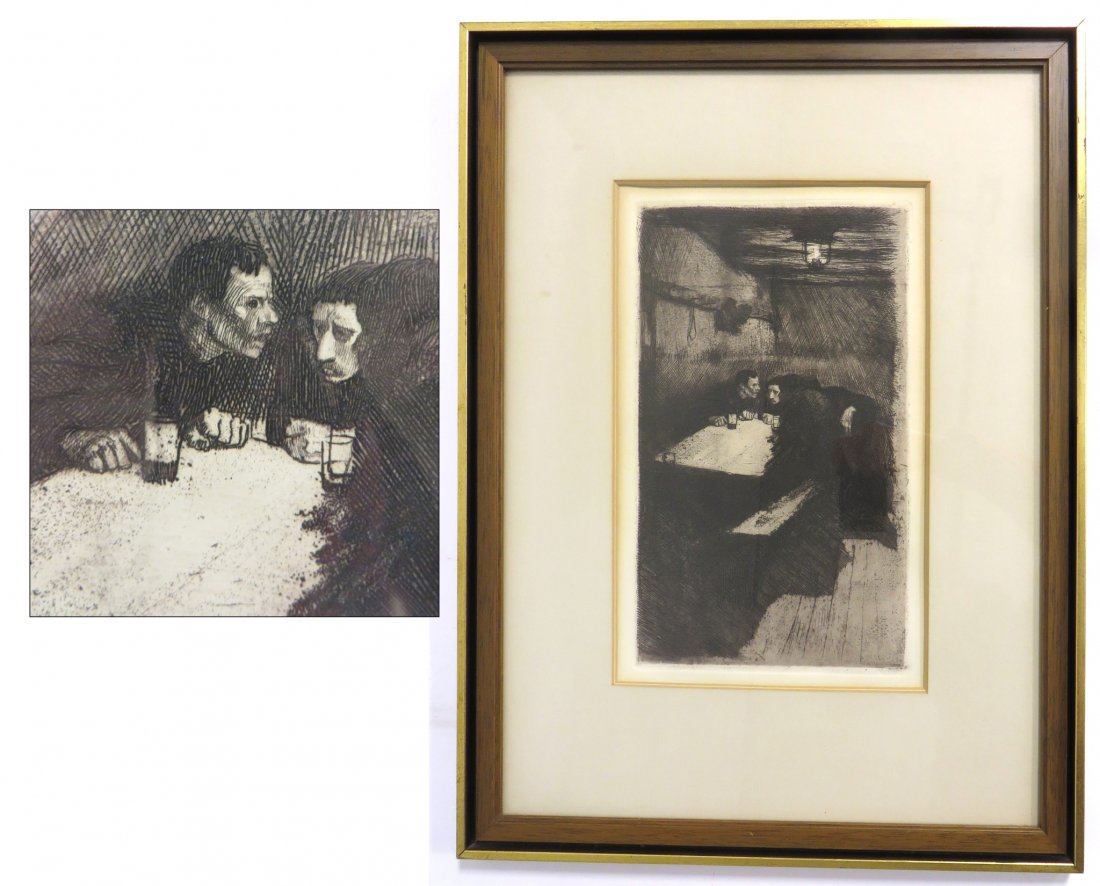 Etching "Conspiracy" By Kathe Kollwitz: Framed, with a sight of 12 1/4" X 7 3/4". With museum stamp, lower right- a restrike. Kathe Kollwitz, a German painter, printmaker, and sculptor, 1867-1945. Shipping: We are able to pack and ship this