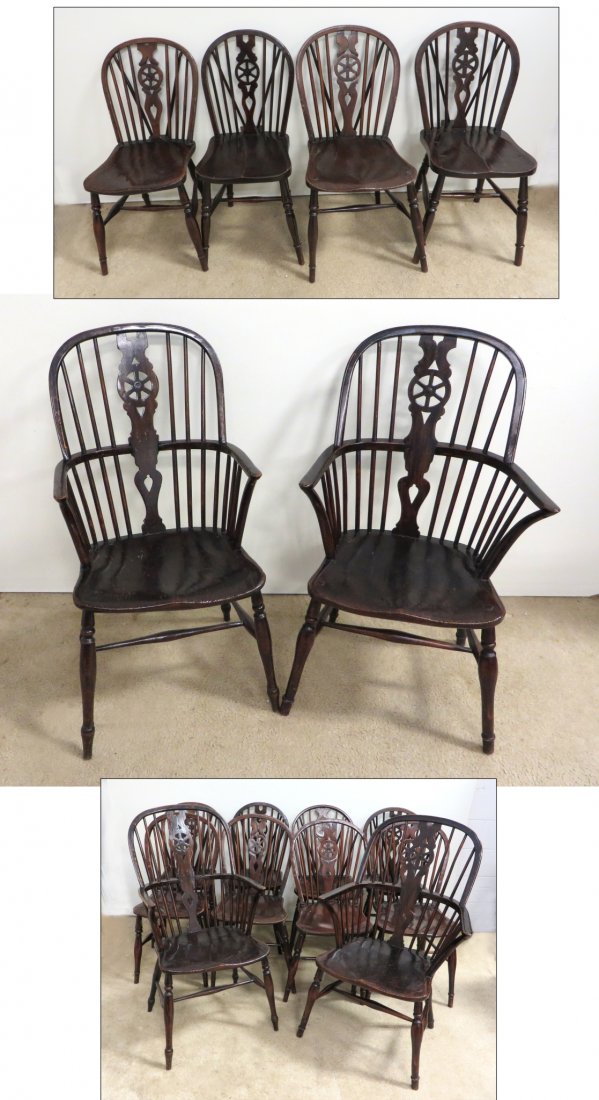 Eight English Windsor Chairs: A very similar but assembled set of 19th Century hardwood chairs, with two armchairs and six side chairs.Repairs. Shipping: We are unable to ship this item. Please contact our local UPS Store, store11