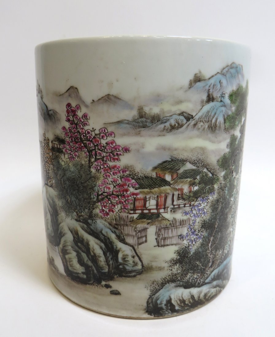 Chinese Porcelain Brush Pot: A 6" brush pot with an unusual maker's mark, decorated with well depicted sacred mountains and calligraphy poem. Shipping: We are able to pack and ship this item to an address in the United States for