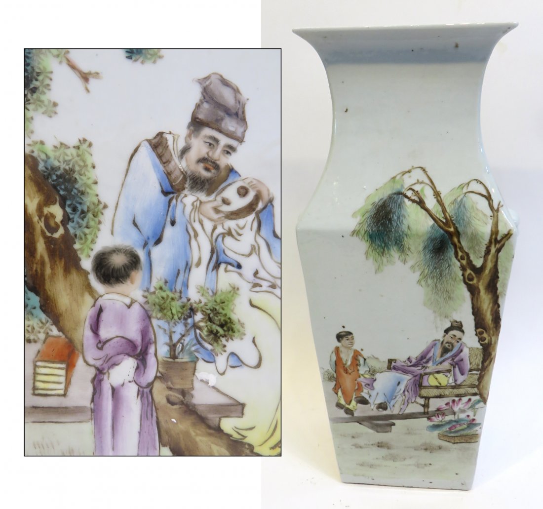 Square Famille Verte Vase: About 16 1/2" Shipping: We are able to pack and ship this item to an address in the United States for $50.00 via USPS Priority Mail or via FedEx Ground/Home Delivery. Tracking information will be sent